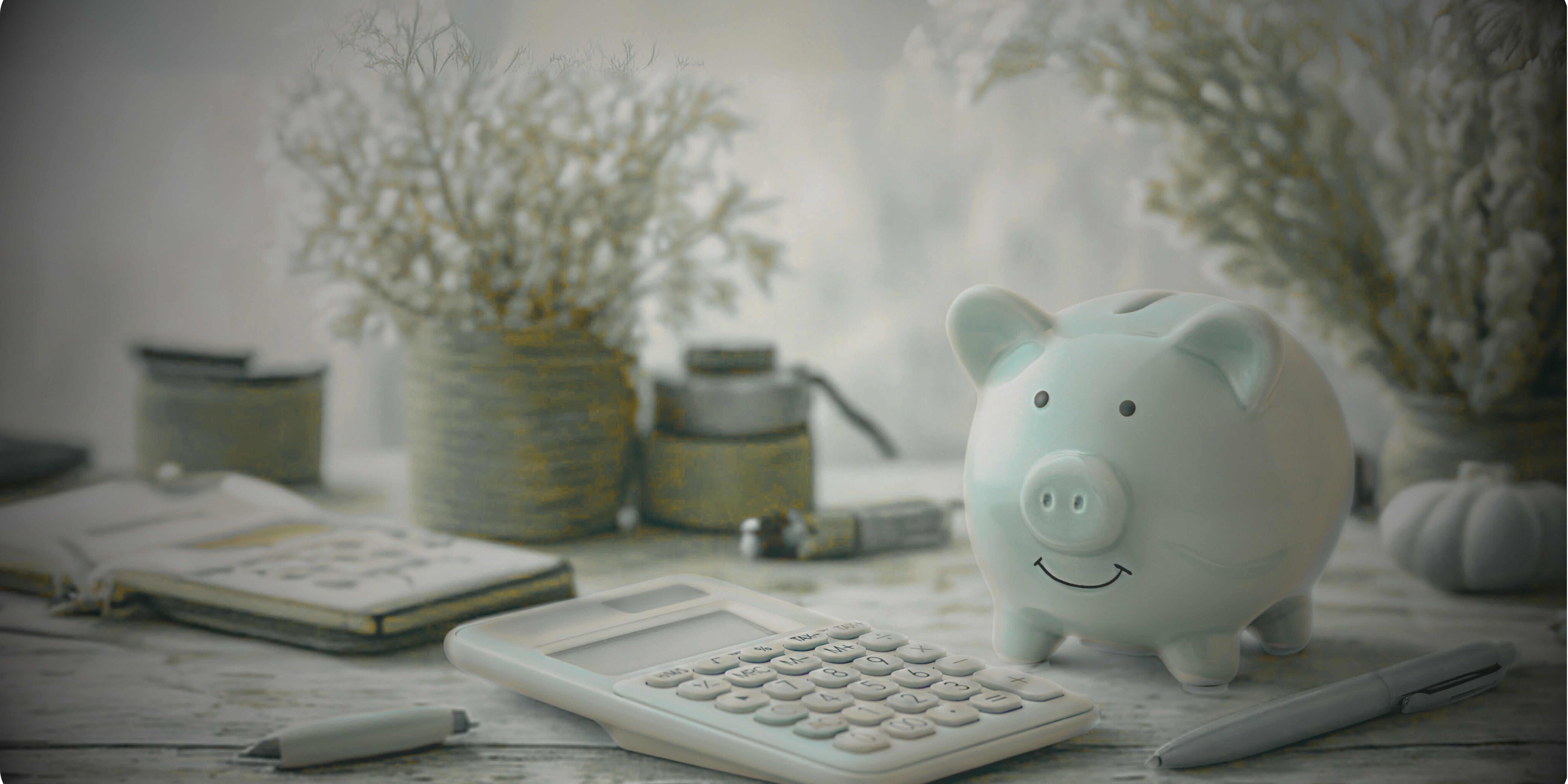 Sparschwein, Taschenrechner auf rustikalem Altholz Schreibtisch mit Trockenblumen