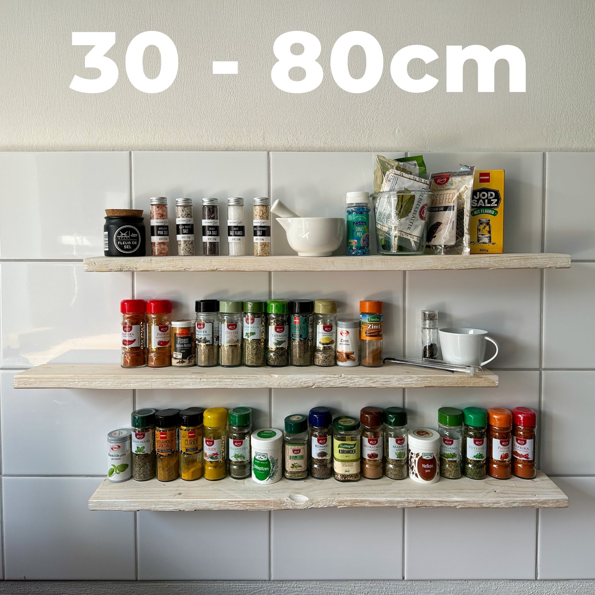 Schwebendes rustikales Massivholz Regal, gekalkt, auf Maß, bis 33% im Set sparen! Ideal als Küchen - , Badezimmer - oder Gewürzregal. Nachhaltig! - Amoligno - Wandregale
