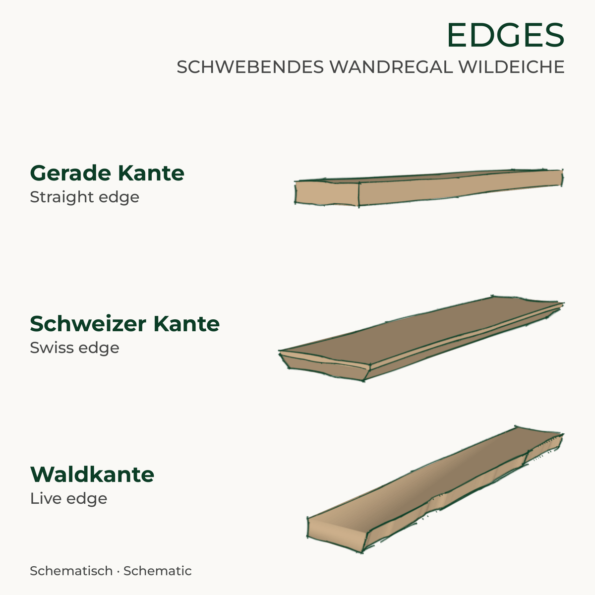 Schwebendes Wandregal aus Wildeiche | massiv | 15 bis 25 cm tief | 30 bis 200 cm breit - Amoligno - Wandregale