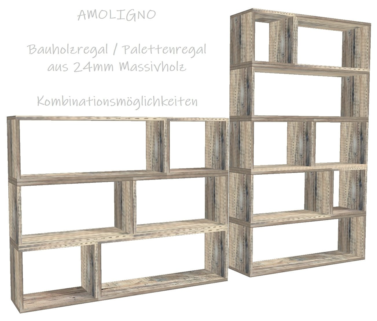 AKTION: Baukasten Regal aus Bauholz 22,5cm tief, USED Optik - Amoligno - Modulare Standregale